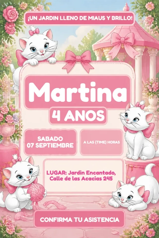 Invitacion de Cumpleanos Gatita Marie Rosa y Dorado para Editar en Linea — invitación animada personalizada de cumpleaños infantil