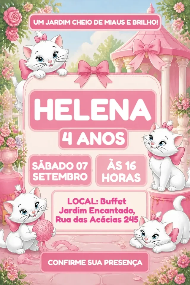 Convite de Aniversário Gatinha Marie Rosa e Dourado para Editar Online — convite animado personalizado de aniversário infantil