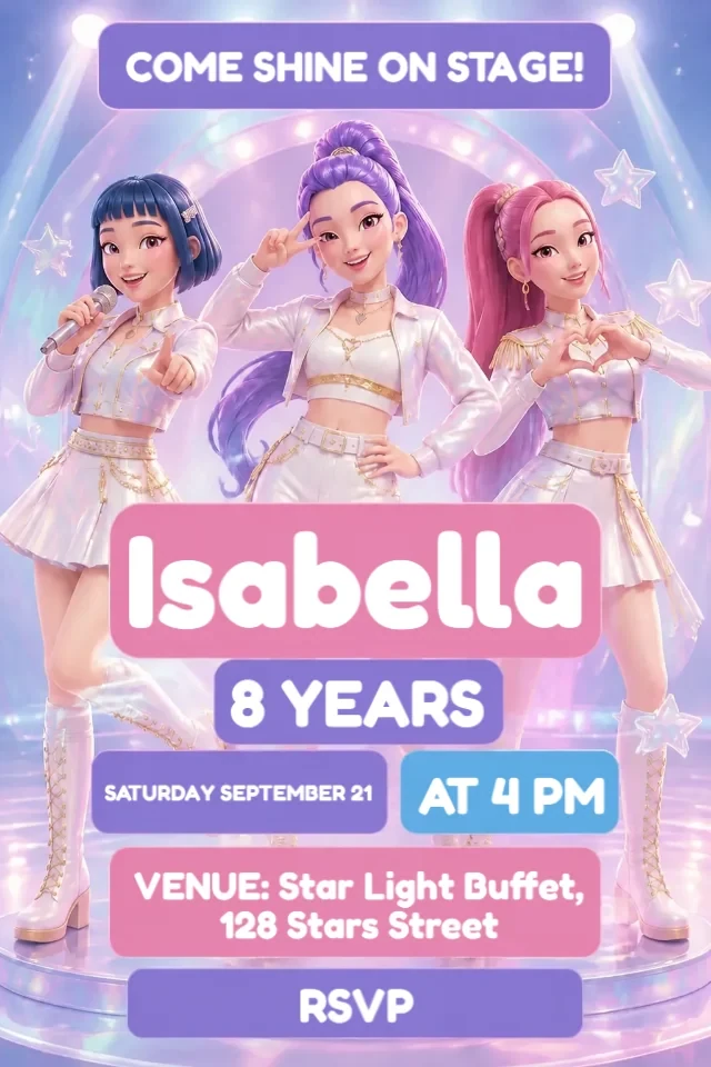 K-pop Warrior Girls Birthday Invitation Pastel Pop Star Theme to Edit Online — personalized animated birthday invitation for kids