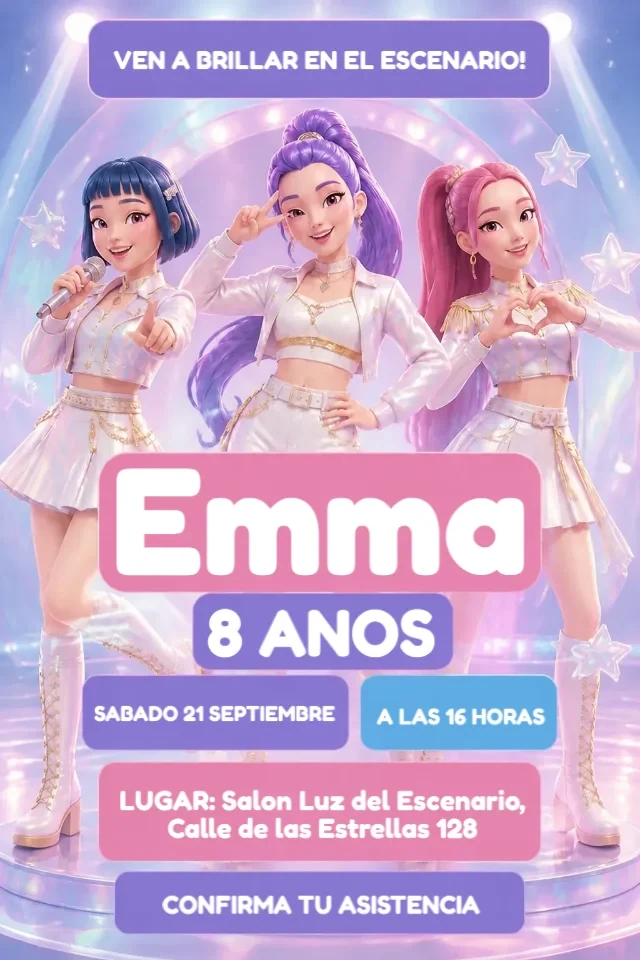 Invitacion de Cumpleanos Guerreras del K-pop en Colores Pastel para Editar en Linea — invitación animada personalizada de cumpleaños infantil