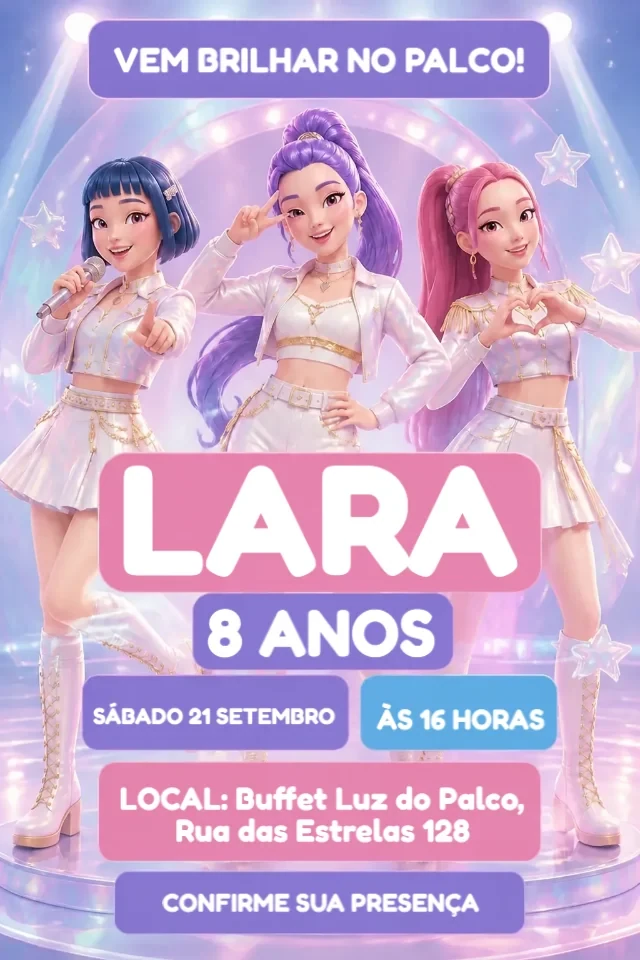 Convite de Aniversário Guerreiras do K-pop em Tons Pastel para Editar Online — convite animado personalizado de aniversário infantil