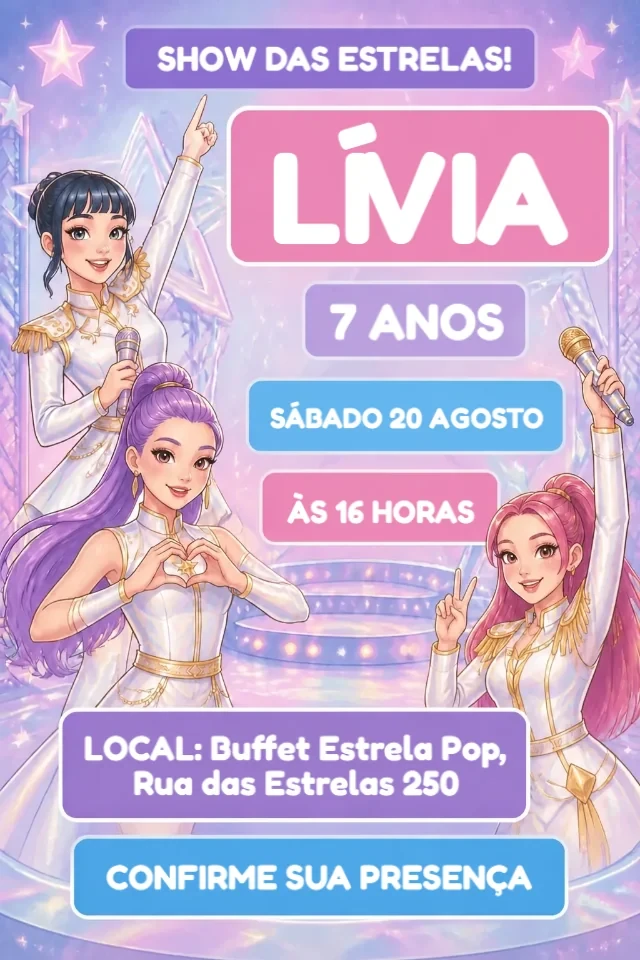 Convite de Aniversário Guerreiras do K-pop Cores Pastéis para Editar Online — convite animado personalizado de aniversário infantil