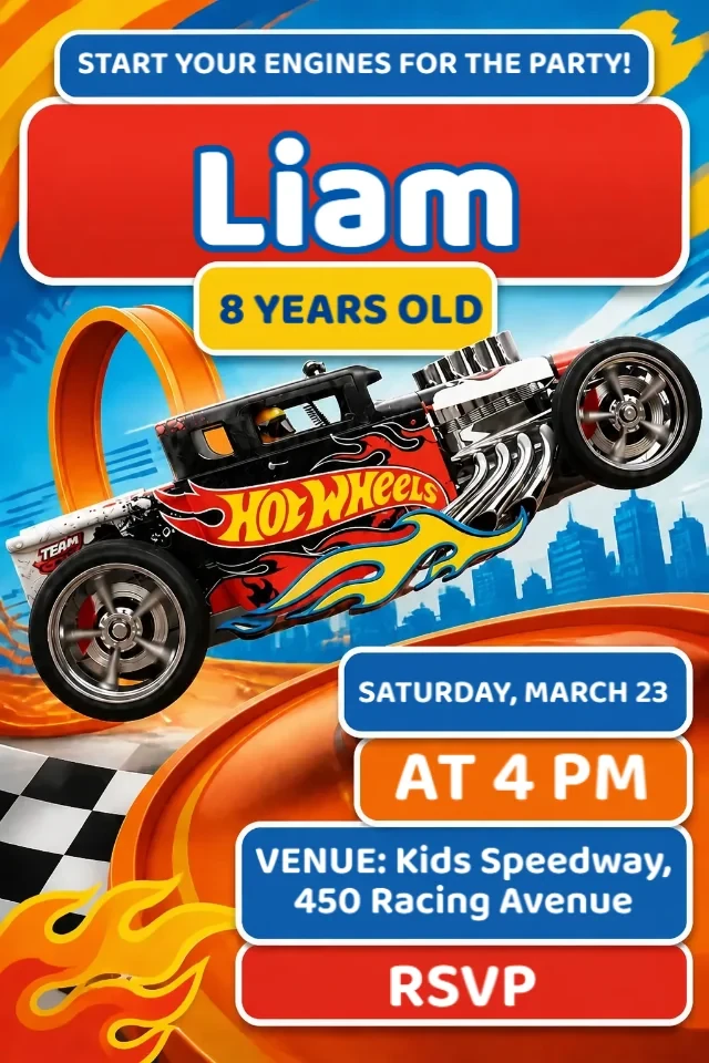 Hot Wheels Birthday Invitation Red, Black and Orange to Edit Online — personalized animated birthday invitation for kids