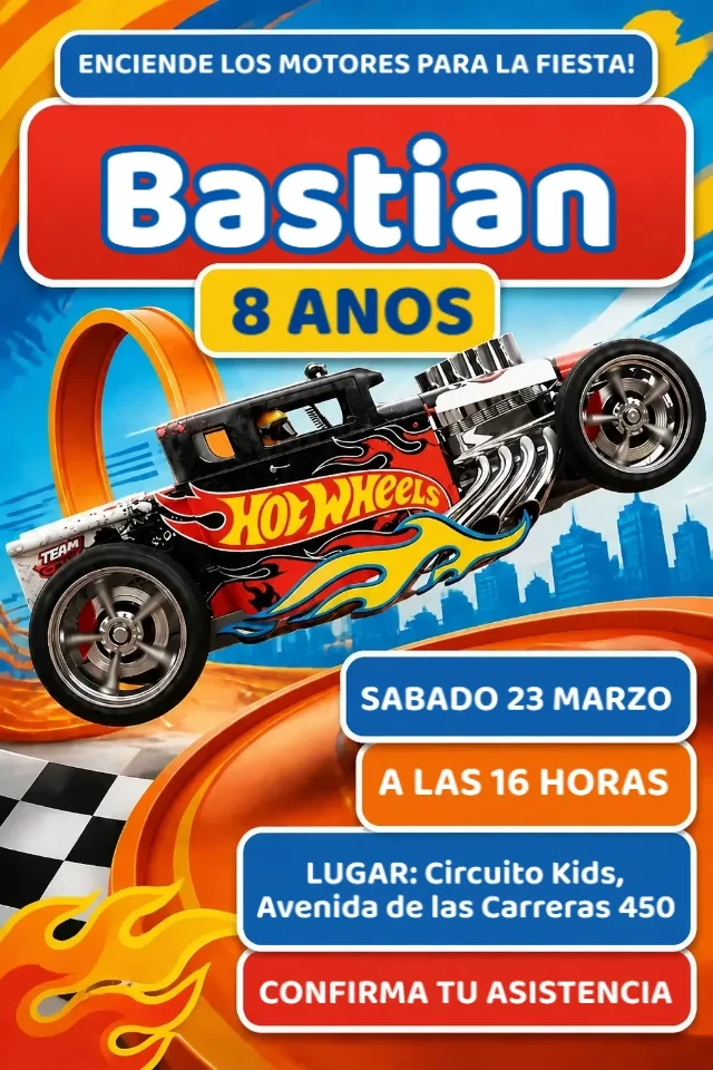 Invitacion de Cumpleanos Hot Wheels Rojo, Negro y Naranja para Editar en Linea — invitación animada personalizada de cumpleaños infantil