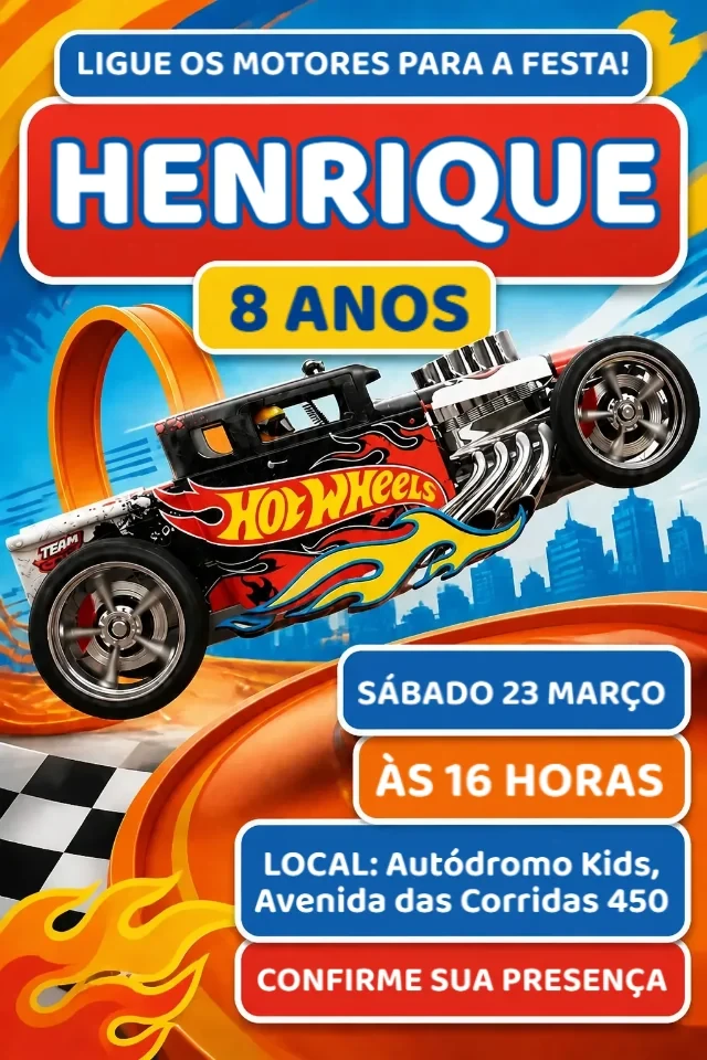 Convite de Aniversário Hot Wheels Vermelho, Preto e Laranja para Editar Online — convite animado personalizado de aniversário infantil