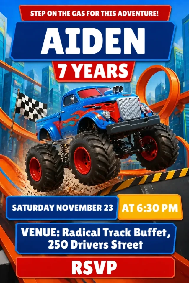 Hot Wheels Monster Trucks Blue and Orange Birthday Invitation Template to Edit Online — personalized animated birthday invitation for kids