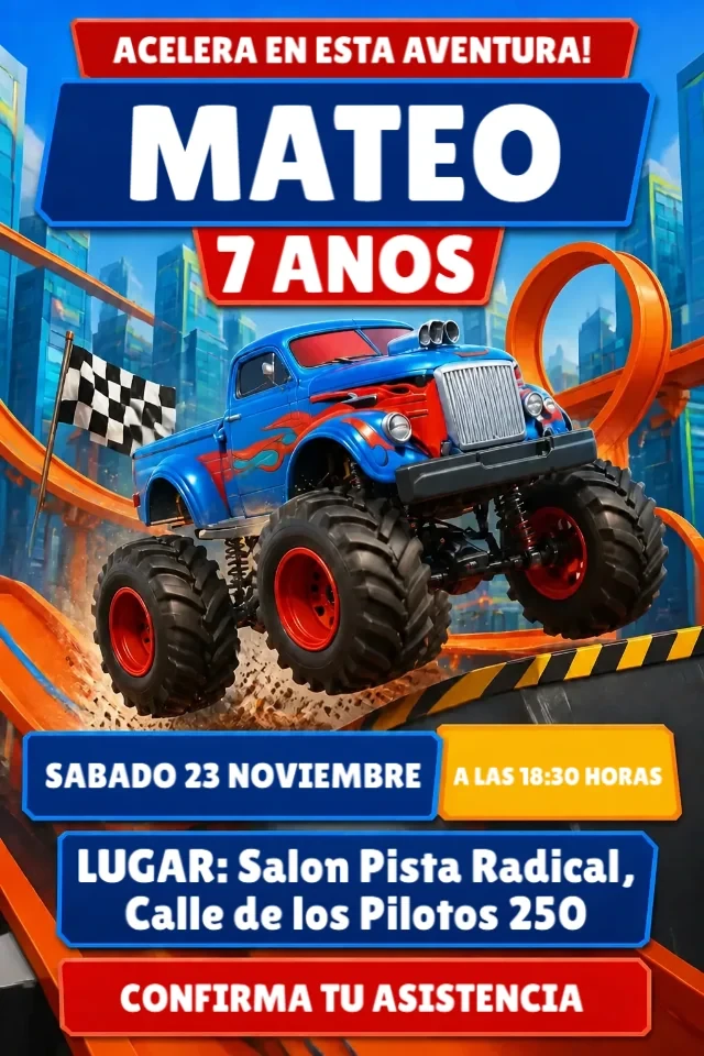 Invitacion de Cumpleanos Hot Wheels Monster Trucks Azul y Naranja para Editar en Linea — invitación animada personalizada de cumpleaños infantil