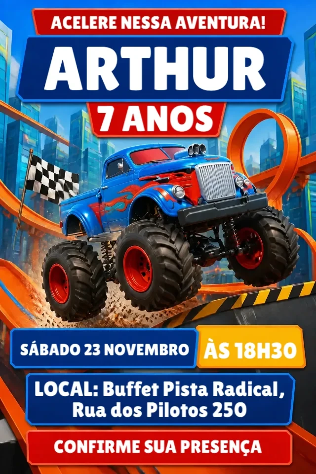 Convite de Aniversário Hot Wheels Monster Trucks Azul e Laranja para Editar Online — convite animado personalizado de aniversário infantil