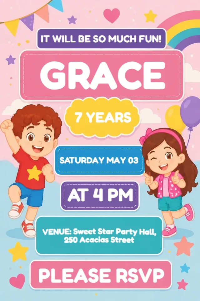 Maria Clara and JP Pink, White and Yellow Birthday Invitation to Edit Online — personalized animated birthday invitation for kids