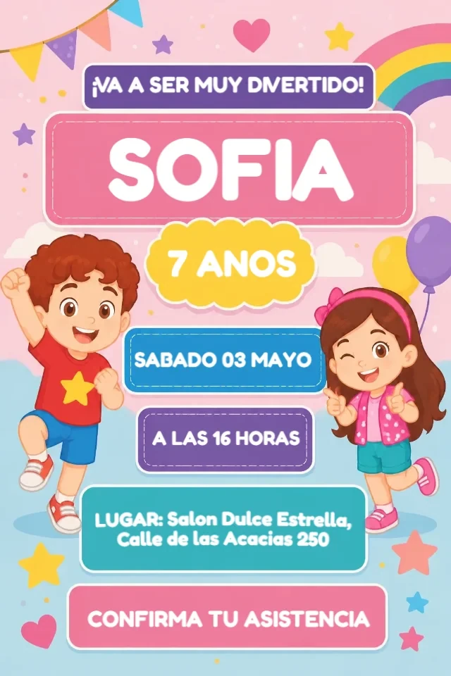 Invitacion de Cumpleanos Maria Clara y JP Rosa, Blanco y Amarillo para Editar en Linea — invitación animada personalizada de cumpleaños infantil