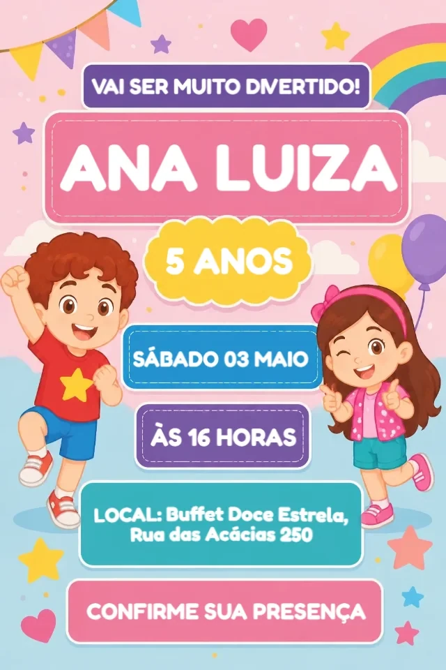 Convite de Aniversário Maria Clara e JP Rosa, Branco e Amarelo para Editar Online — convite animado personalizado de aniversário infantil