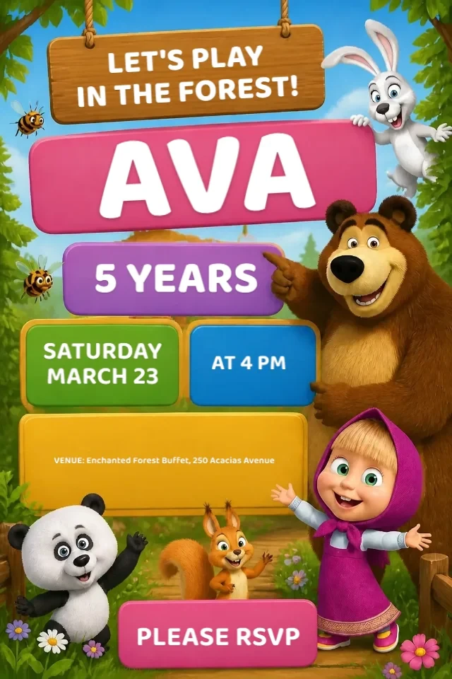 Masha and the Bear Birthday Invitation pink, green and blue to Edit Online — personalized animated birthday invitation for kids