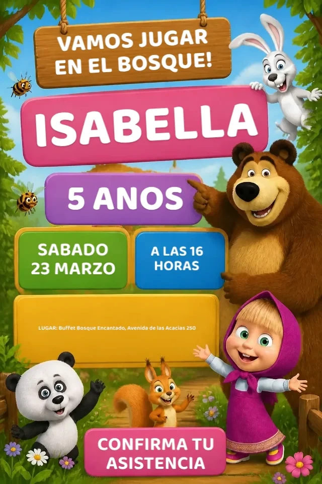 Invitacion de Cumpleanos Masha y el Oso rosa, verde y azul para Editar en Linea — invitación animada personalizada de cumpleaños infantil