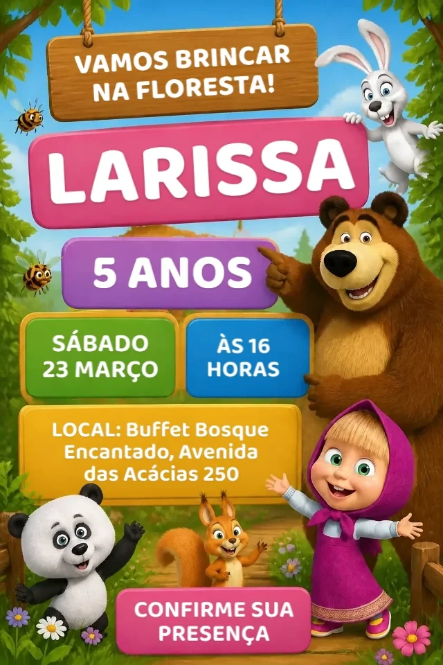 Convite de Aniversário Masha e o Urso rosa, verde e azul para Editar Online — convite animado personalizado de aniversário infantil