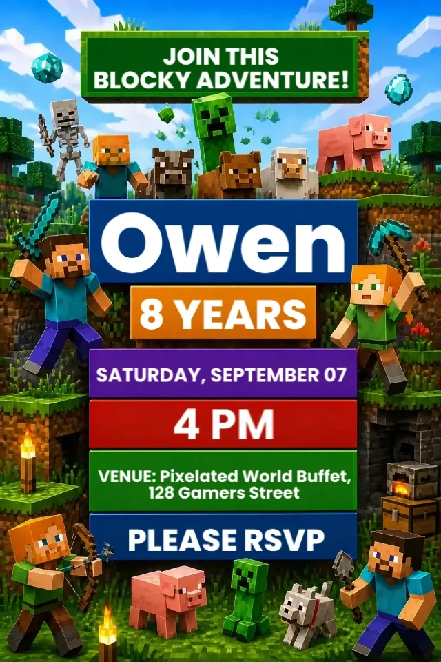 Minecraft Birthday Invitation Green Gamer Theme to Edit Online Instantly — personalized animated birthday invitation for kids