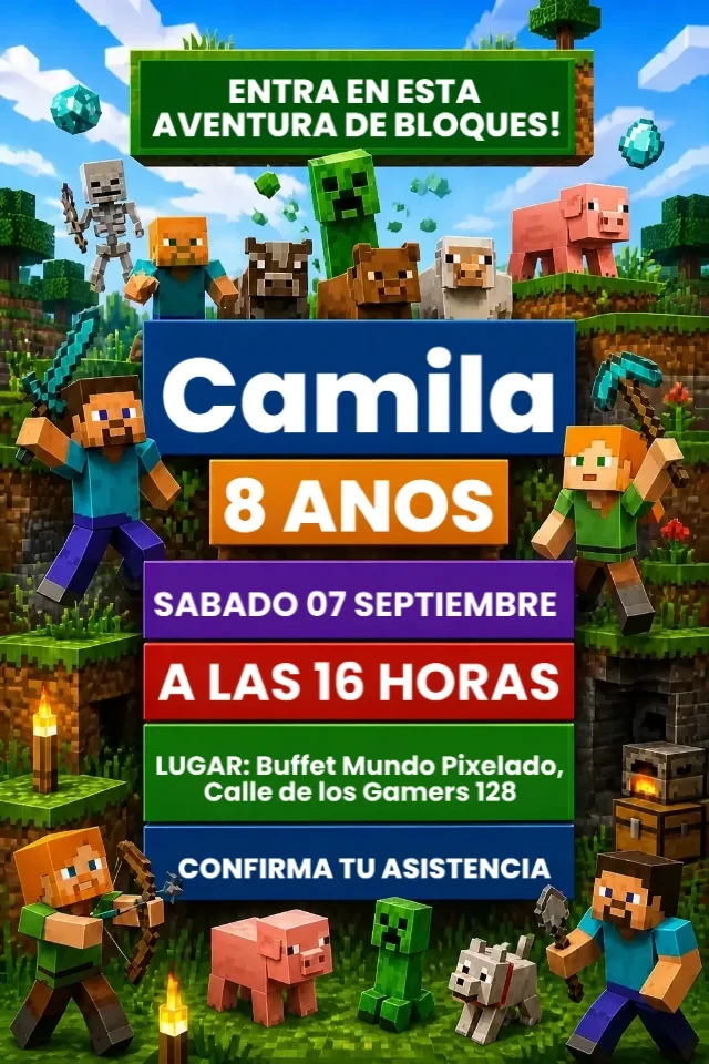 Invitación de Cumpleaños Minecraft Verde Gamer para Editar en Línea al Instante — invitación animada personalizada de cumpleaños infantil