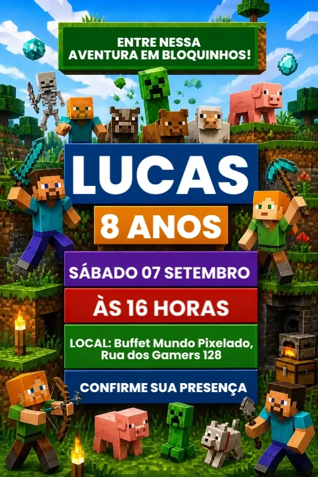 Convite de Aniversário Minecraft Verde Gamer para Editar Online em Minutos — convite animado personalizado de aniversário infantil