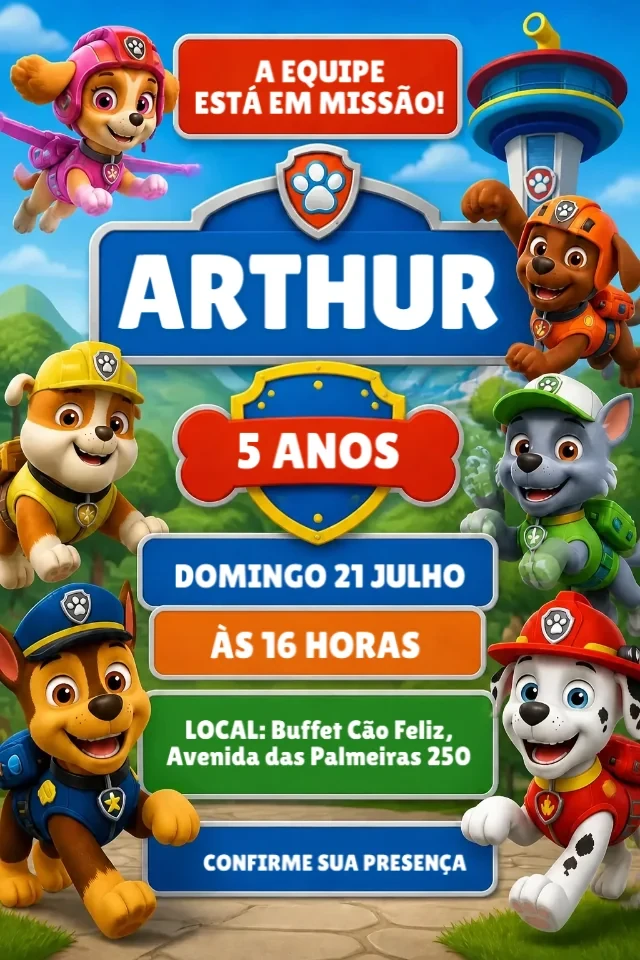 Convite de Aniversário Patrulha Canina Azul e Vermelho para Editar Online — convite animado personalizado de aniversário infantil