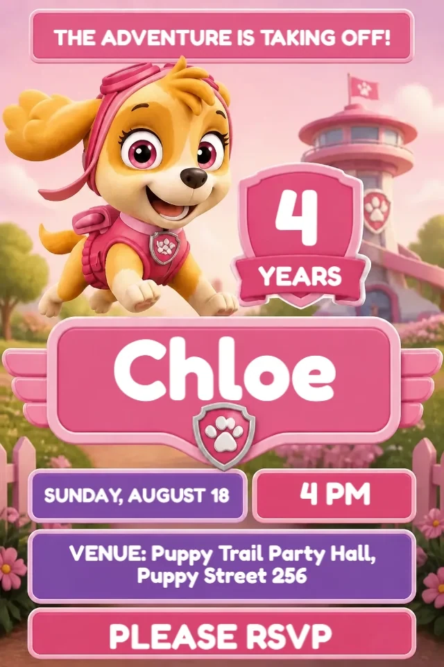 Paw Patrol Skye Pink Birthday Invitation for Girls to Edit Online — personalized animated birthday invitation for kids