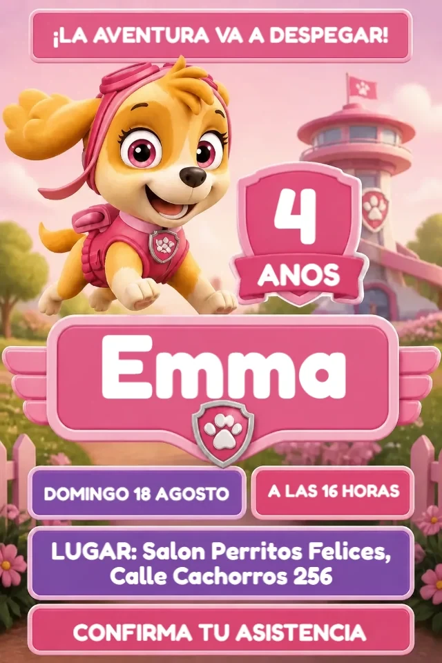 Invitacion de Cumpleanos Skye Patrulla Canina Rosa para Nina para Editar en Linea — invitación animada personalizada de cumpleaños infantil