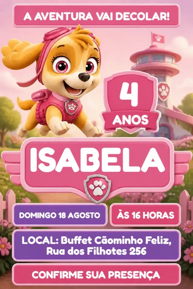 Convite de Aniversário Skye Patrulha Canina Rosa para Editar Online — convite animado personalizado de aniversário infantil