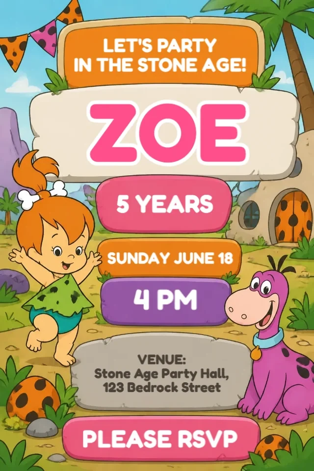 Pebbles Flintstones Birthday Invitation Orange and Pink to Edit Online — personalized animated birthday invitation for kids