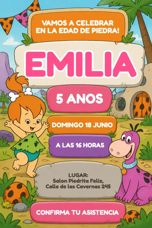 Invitación de Cumpleaños Pedrita Flintstones Naranja y Rosa para Editar en Línea — invitación animada personalizada de cumpleaños infantil
