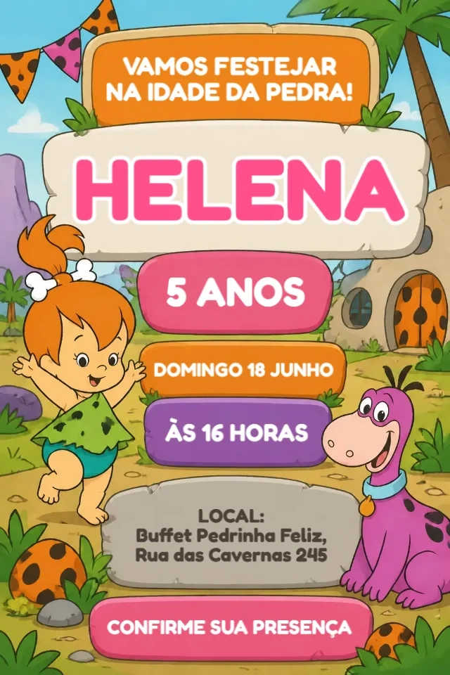 Convite de Aniversário Pedrita Flintstones Laranja e Rosa para Editar Online — convite animado personalizado de aniversário infantil