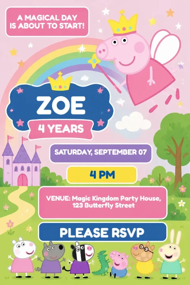 Peppa Pig Fairy Pink Birthday Invitation for Girls to Edit Online and Send Digitally — personalized animated birthday invitation for kids