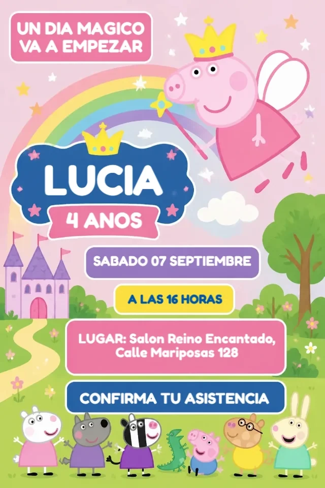 Invitacion de Cumpleanos Peppa Pig Hada Rosa para Editar en Linea y Enviar Digital — invitación animada personalizada de cumpleaños infantil
