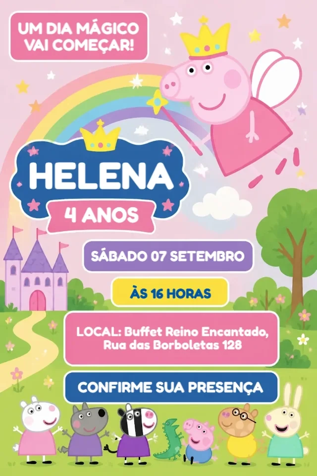 Convite de Aniversário Peppa Pig Fada Rosa para Editar Online e Enviar pelo Celular — convite animado personalizado de aniversário infantil