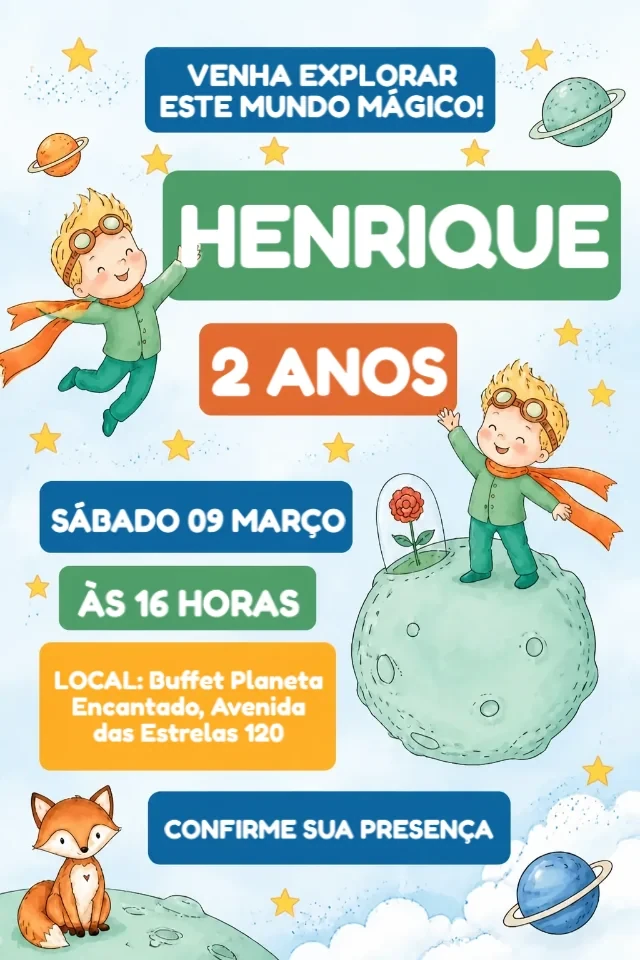 Convite de Aniversário Pequeno Príncipe Azul Dourado para Editar Online — convite animado personalizado de aniversário infantil