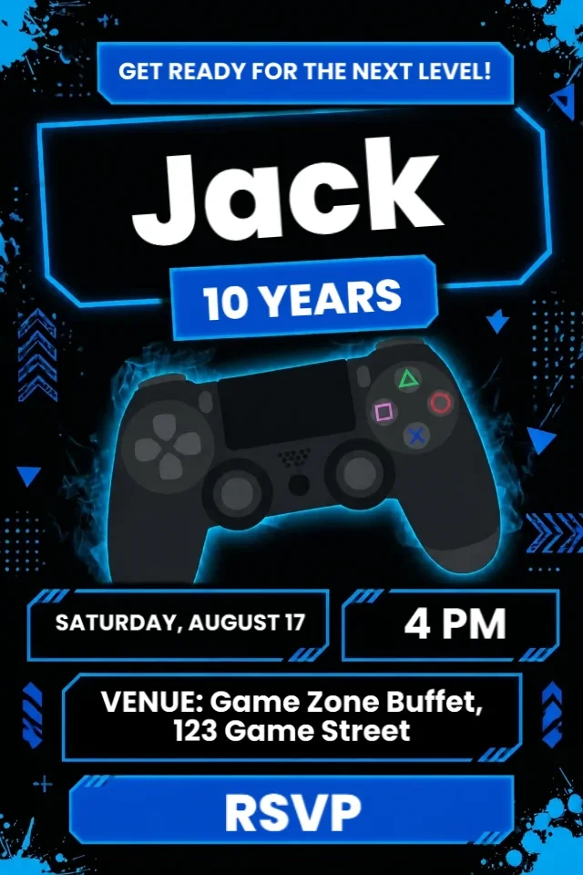 Playstation Gamer Birthday Invitation Blue and Black to Edit Online — personalized animated birthday invitation for kids
