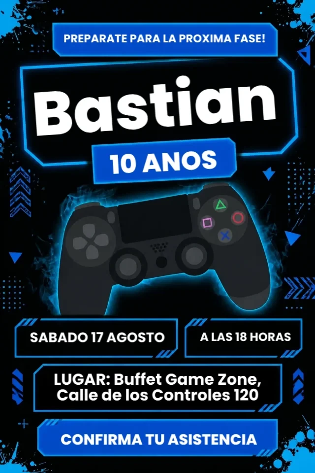 Invitacion de Cumpleanos Gamer Playstation Azul y Negro para Editar en Linea — invitación animada personalizada de cumpleaños infantil
