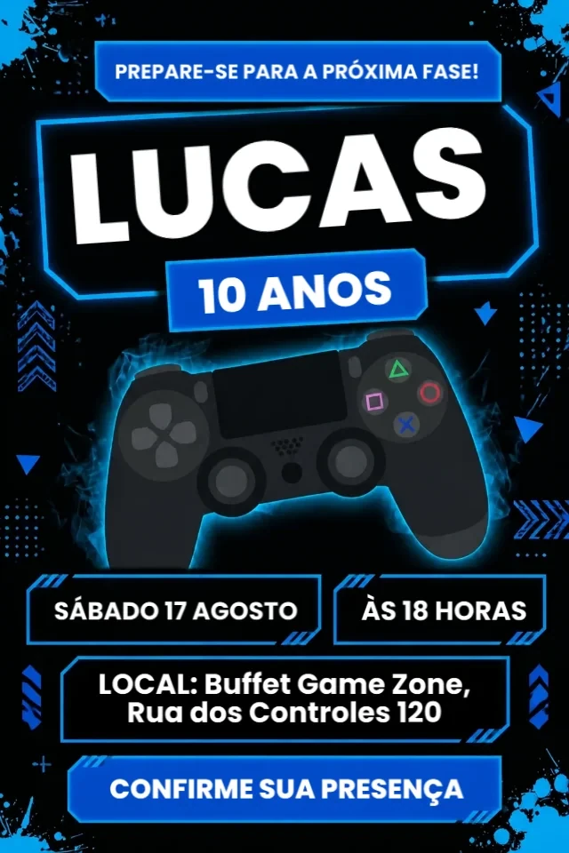 Convite de Aniversário Gamer Playstation Azul e Preto para Editar Online — convite animado personalizado de aniversário infantil