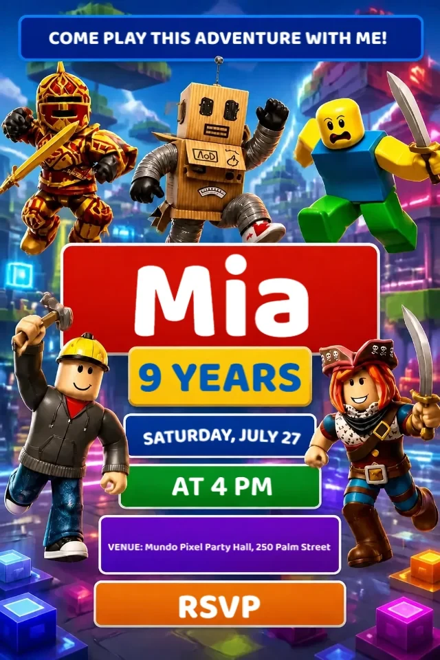 Roblox Birthday Invitation Blue Red and White for Kids to Edit Online — personalized animated birthday invitation for kids