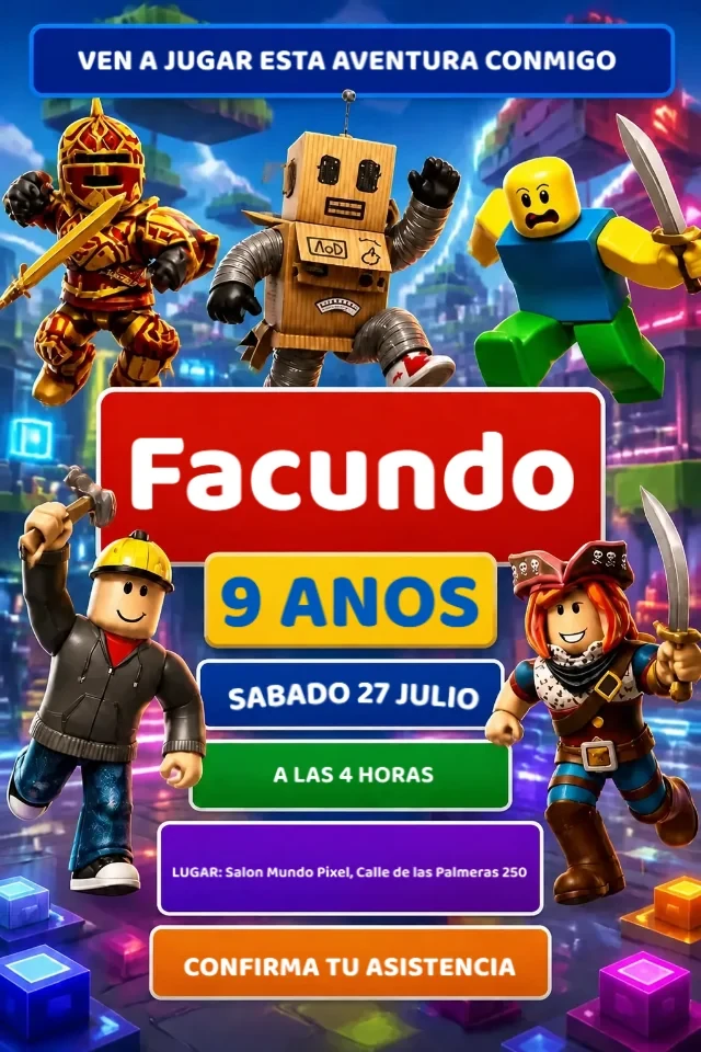 Invitacion de Cumpleanos Roblox Azul Rojo y Blanco para Editar en Linea — invitación animada personalizada de cumpleaños infantil