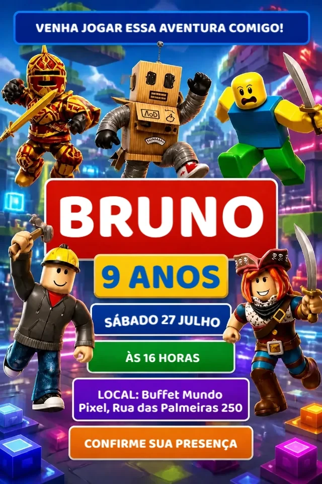 Convite de Aniversário Roblox Azul Vermelho e Branco para Editar Online — convite animado personalizado de aniversário infantil