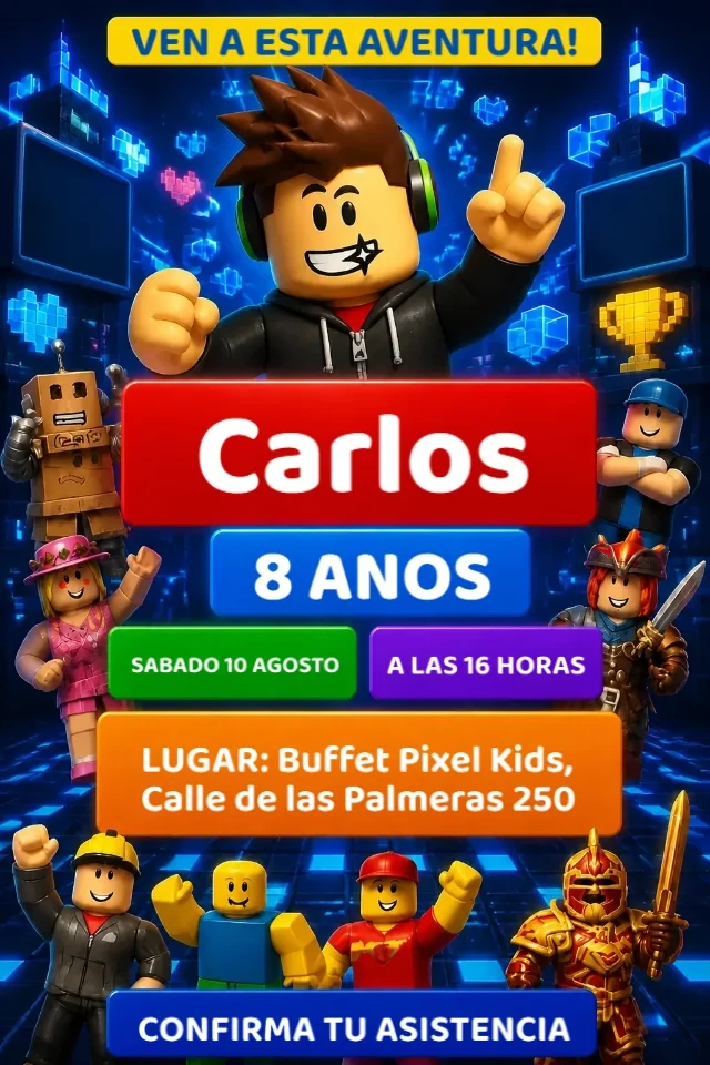 Invitacion de Cumpleanos Roblox Gamer Azul y Roja para Editar en Linea — invitación animada personalizada de cumpleaños infantil