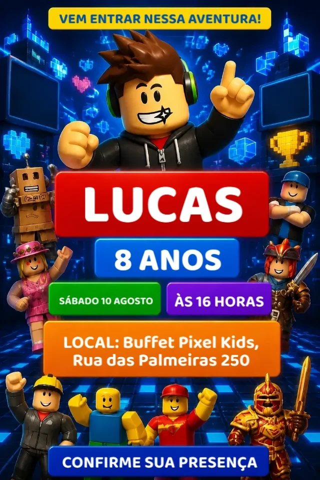 Convite de Aniversário Roblox Gamer Azul e Vermelho para Editar Online — convite animado personalizado de aniversário infantil