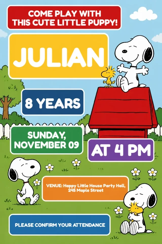 Snoopy Birthday Invitation Blue Doghouse Design to Edit Online and Print at Home — personalized animated birthday invitation for kids