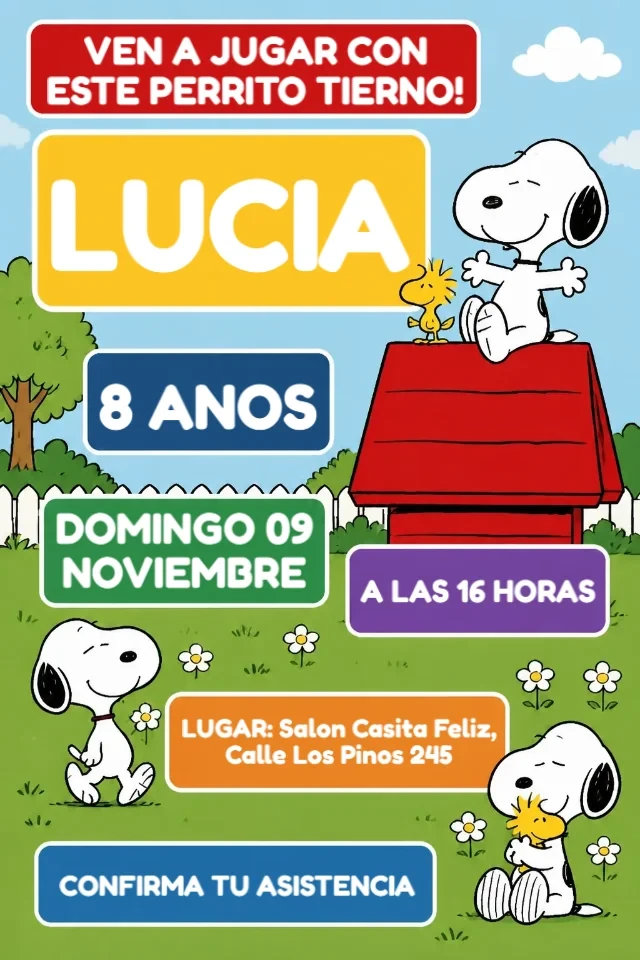 Invitacion de Cumpleanos Snoopy Casita Azul para Editar en Linea y Imprimir en Casa — invitación animada personalizada de cumpleaños infantil