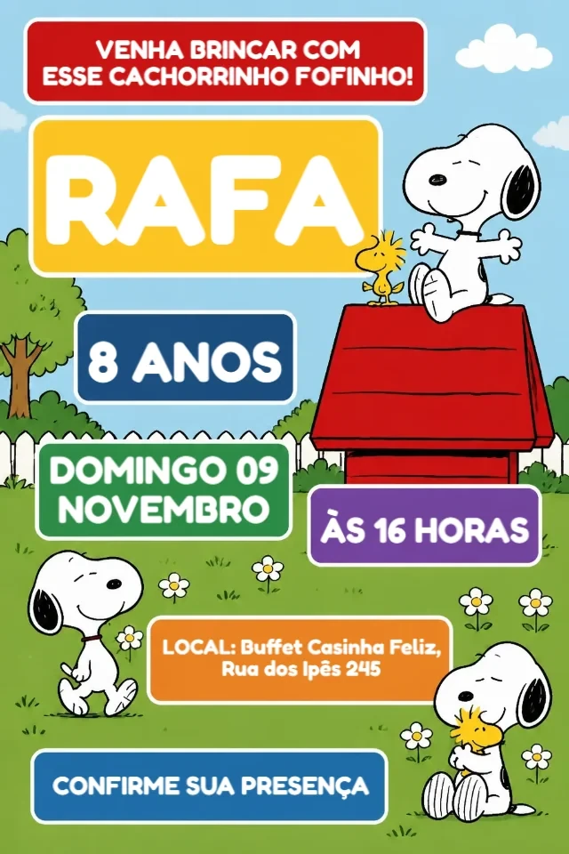 Convite de Aniversário Snoopy Casinha Azul para Editar Online e Imprimir em Casa — convite animado personalizado de aniversário infantil
