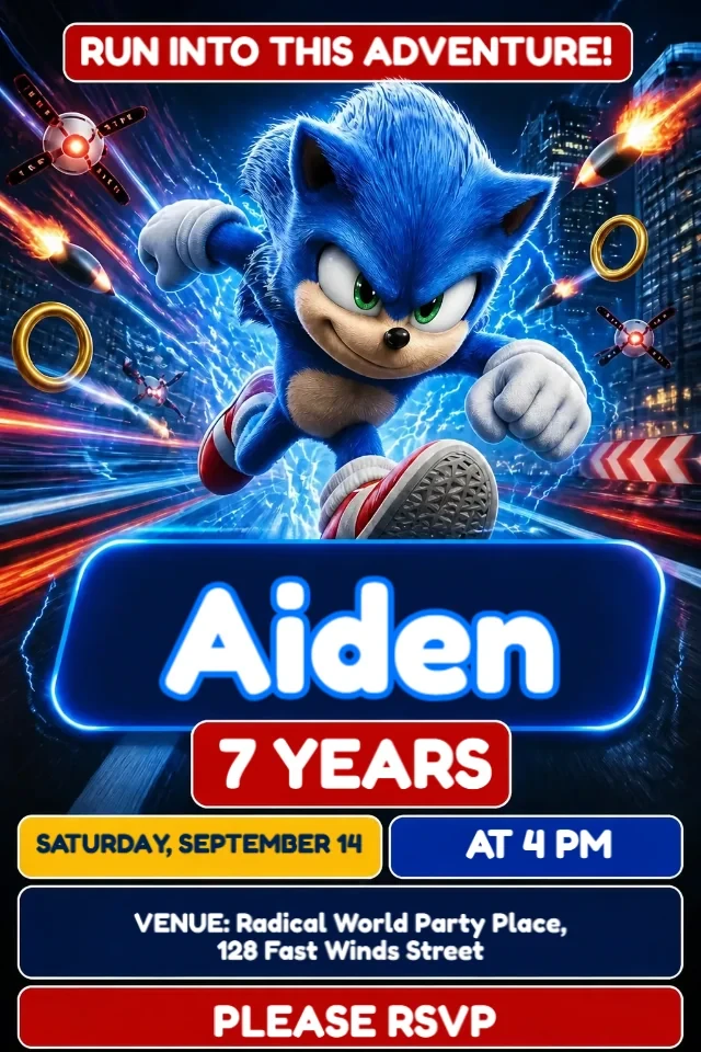 Sonic the Movie Birthday Invitation Blue and Red to Edit Online — personalized animated birthday invitation for kids