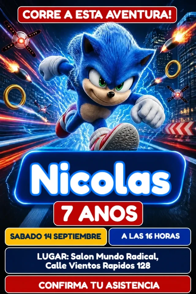 Invitacion de Cumpleanos Sonic la Pelicula Azul y Roja para Editar en Linea — invitación animada personalizada de cumpleaños infantil