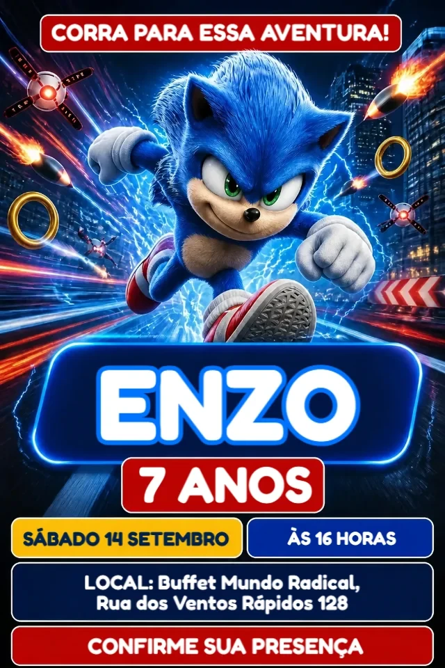 Convite de Aniversário Sonic o Filme Azul e Vermelho para Editar Online — convite animado personalizado de aniversário infantil