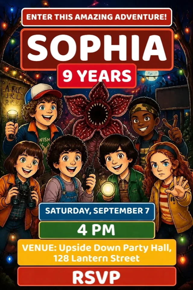 Stranger Things Black and Red Birthday Invitation with Characters to Edit Online — personalized animated birthday invitation for kids
