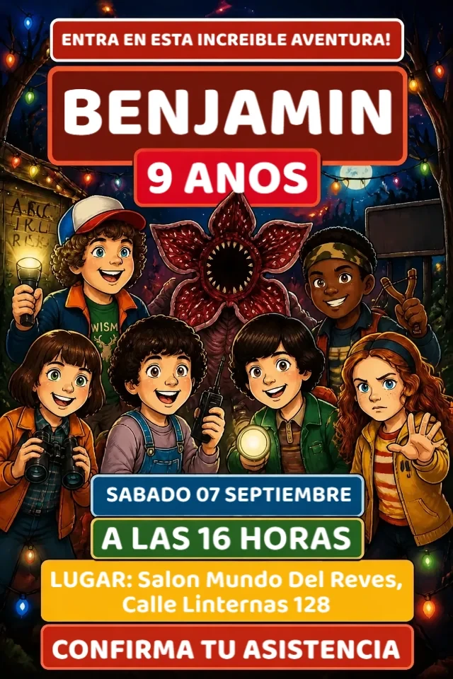 Invitacion de Cumpleanos Stranger Things Negro y Rojo con Personajes para Editar en Linea — invitación animada personalizada de cumpleaños infantil
