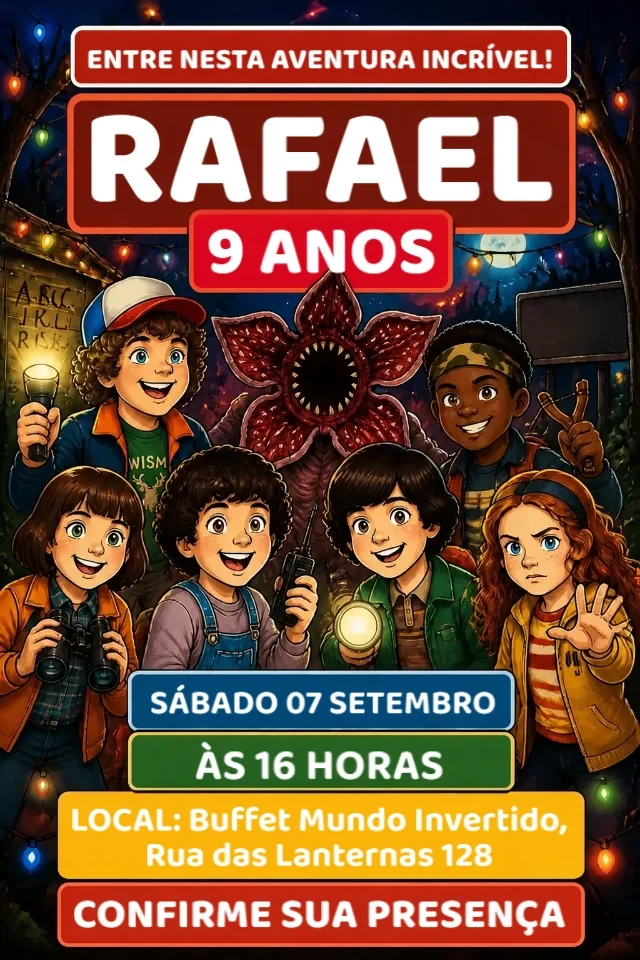 Convite de Aniversário Stranger Things Preto e Vermelho com Personagens para Editar Online — convite animado personalizado de aniversário infantil