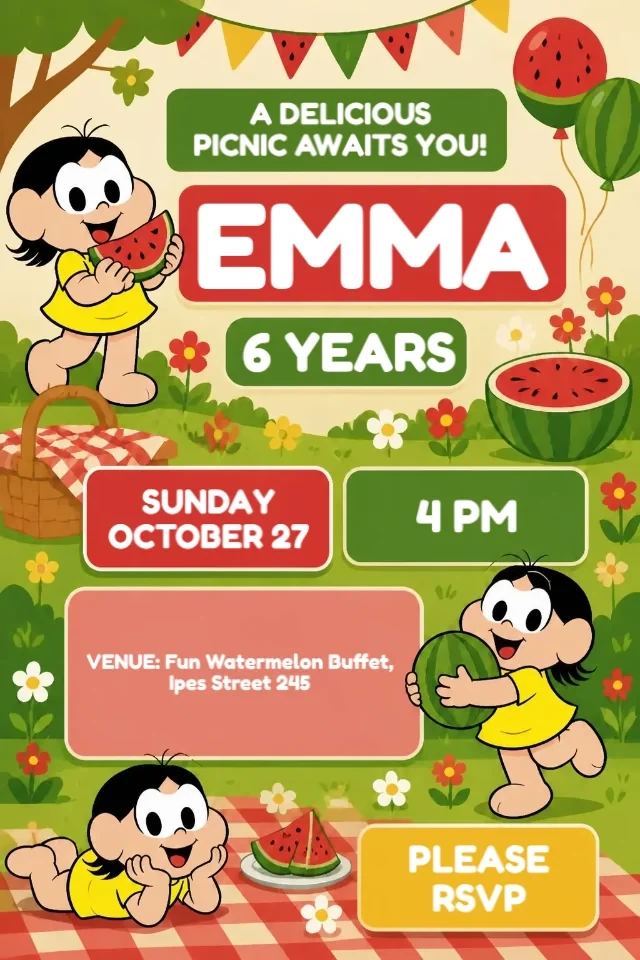 Magali Monica Gang Yellow Picnic Birthday Invitation for Girls to Edit Online — personalized animated birthday invitation for kids